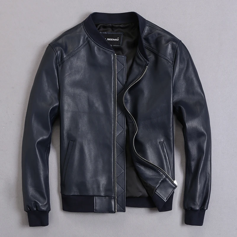 

GU.SEEMIO factory Thickening jacket genuine leather clothing male slim sheep skin leather outerwear baseball uniform suit