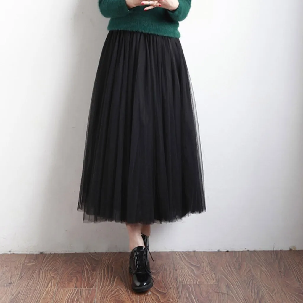 Fashion Womens Pleated Tulle Mesh Elastic High Waist Casual A-Line Long Skirts Dropshipping 2020 winter fashion Retro trend size