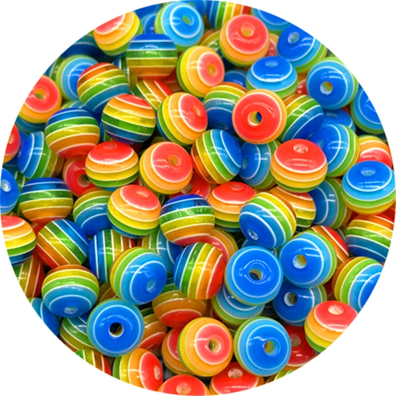 Resin Beads 8mm Round Rainbow Stripe Loose Spacer For Jewelry Making DIY 50pcs