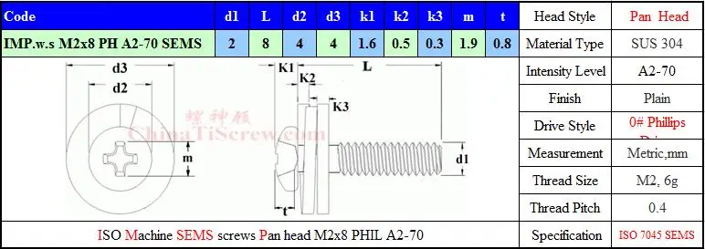 Винты с шайбами из нержавеющей стали M2x8 Pan Head 0# Phillips Driver Polished ROHS 100 шт
