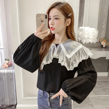 

COIGARSAM Cute Full Sleeve Lace blouse women New Spring Peter pan Collar blusas womens tops and blouses White Black 5712