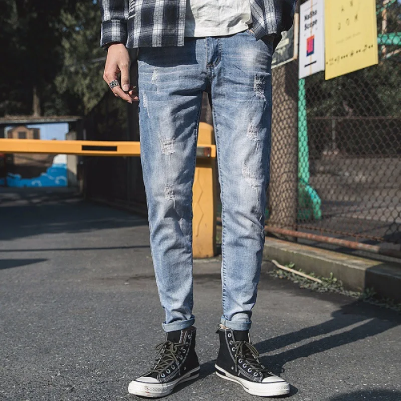 

2019 New Style Denim (Ankle-length Pants) Japanese-style Thin Workwear Cowboy with Holes Light Color Skinny Pants Fashion