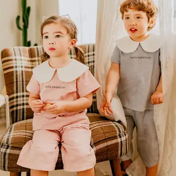 

2020 Korea Style Girls Boys 2 Pcs Set T-Shirt+Wide Pants Cotton Fashion Summer Kids Suits 2-7 years QH399