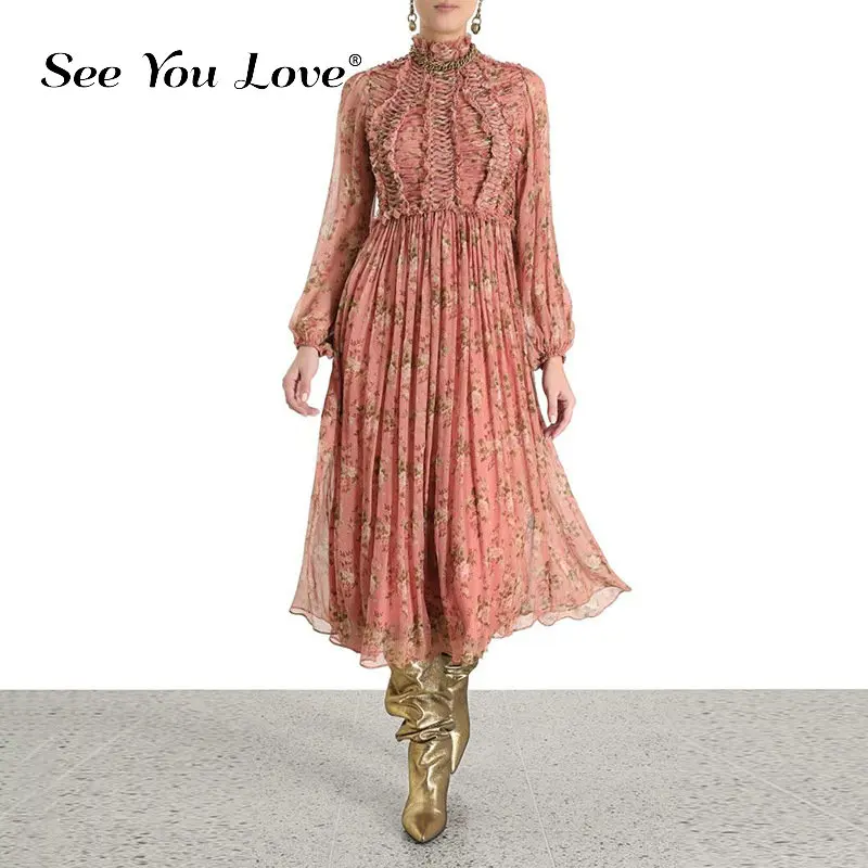 

See you love Print Patchwork Dress For Women Stand Collar Puff Sleeves High Waist Dresses Female 2019 New Fashion Vestidos