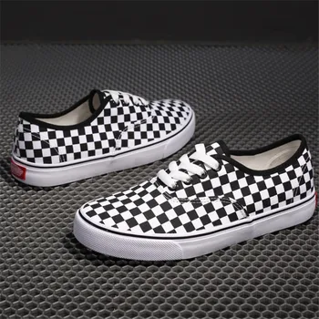 

Black White Grid Sneakers Men Flat Canvas Sport Running Shoes For Women Lace-up Anti-slip Comfortable Loafers Zapatos De Mujer