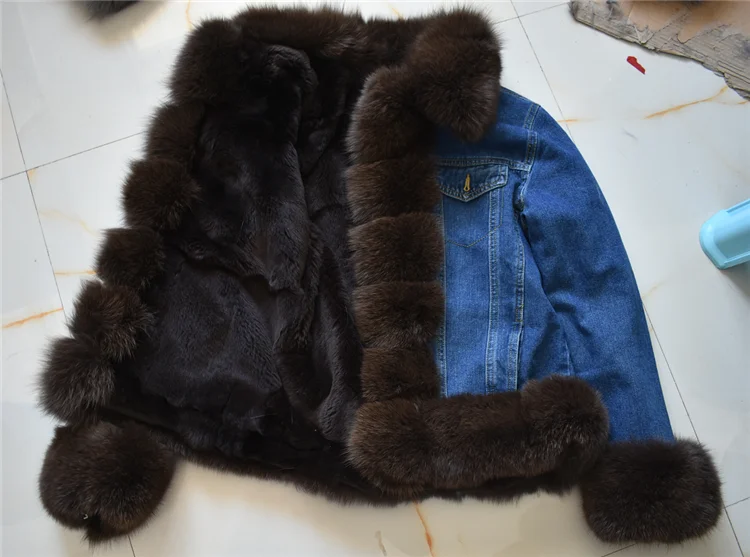 Rabbit fur lining Женская джинсовая куртка из натурального Лисьего меха, костюм Parker из натурального меха кролика, зимняя теплая Модная Повседневная одежда в европейском стиле - Цвет: Rabbit fur lining