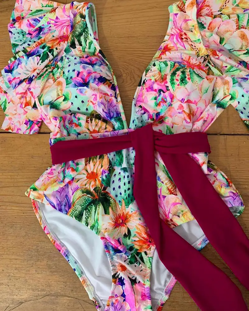 Сексуальный цельный купальник с глубоким v-образным вырезом, женский купальник с тропическим цветочным принтом, монокини с цветочным принтом, боди с оборками, купальный костюм - Цвет: HE19356P3