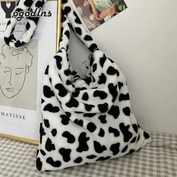 

Milk Cow Print Messenger Bag Womens Fashion 2020 Big Capacity Single Shoulder Bag Soft Plush Handbag Female Crossbody Tote Bags