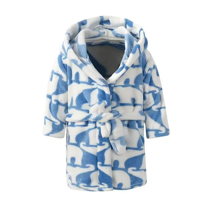 Ночная рубашка в комплекте с купальным халатом для мальчиков и девочек, зимняя фланелевая детская одежда для сна с животными для детей, От 3 до 8 лет - Цвет: Небесно-голубой