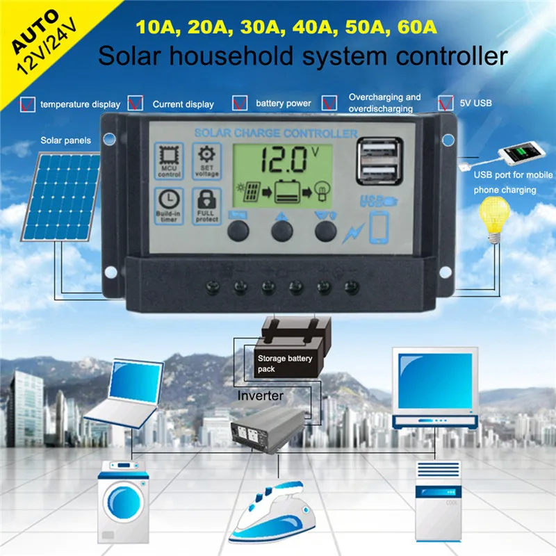 

LCD Dual USB Auto Solar Charge Panel Controller 60A/50A/40A/30A/20A/10A 12V 24V PWM Controllers 5V Output Solar Panel Regulator