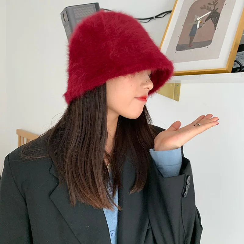 Women Bucket Hat winter fashion Solid color rabbit fur hat bucket cap fisherman's hat retro knitted wool basin Bucket Hat women bucket hat women hat bucket hat