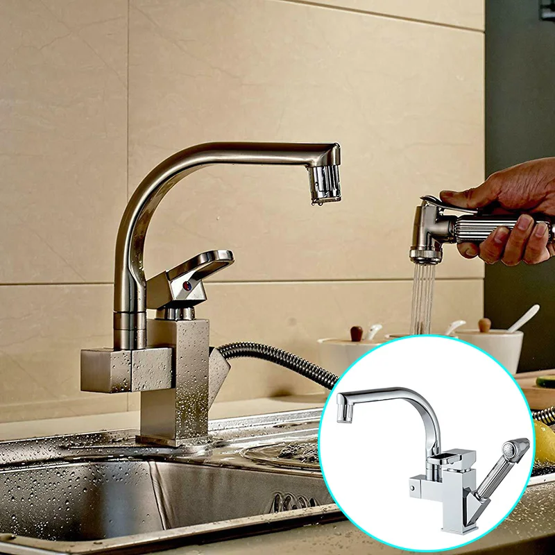 

1*Faucet Pull-Out Kitchen Sink Basin Mixed Faucet Copper 360 Degree Rotation LED Color Durable