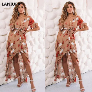 

summer women Dress 2019 Vintage Floral Print Summer Maxi Chiffon Beach Dress women Short sleeve Ankle Length Dress women Y930
