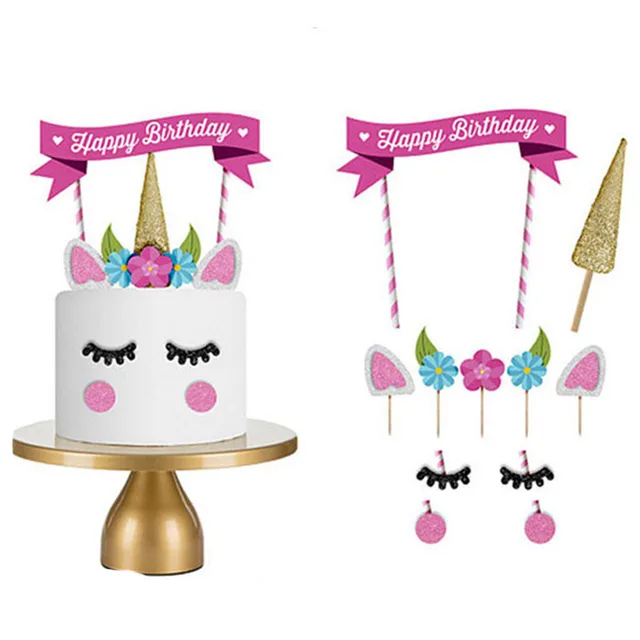 Glitter Unicorn horn eye Happy Birthday Cake Topper Cake Decoration Party Supplies for Children Adults Cupcake Topper 1set