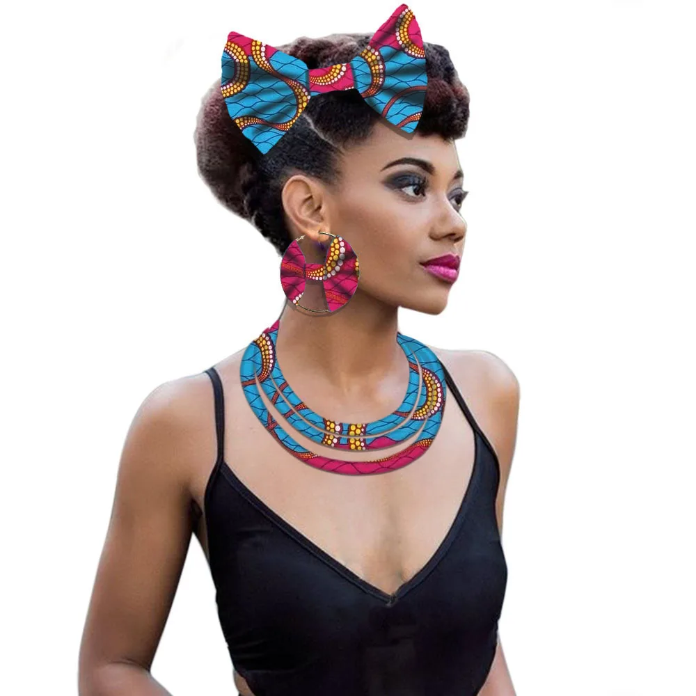 African collier necklace ethnic Nigerian fabric necklace Ankara jewelry necklace earring bow tie set (9)