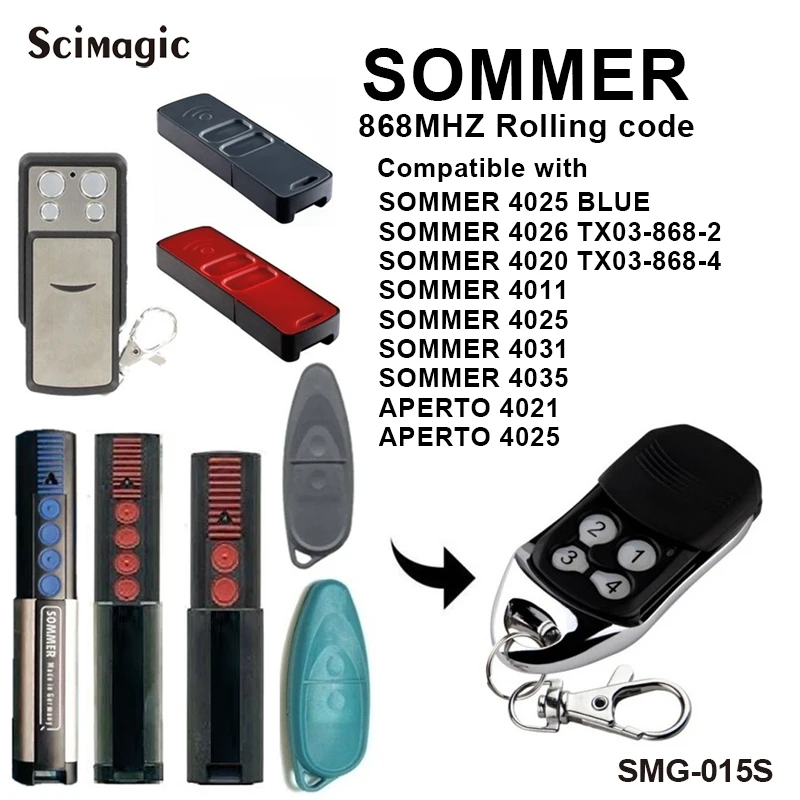 

SOMMER 4011 4020 4021 4025 4026 4031 4035 APERTO 4021 4025 Compatible Remote Control Rolling Code 868MHz Garage Command Key Fob