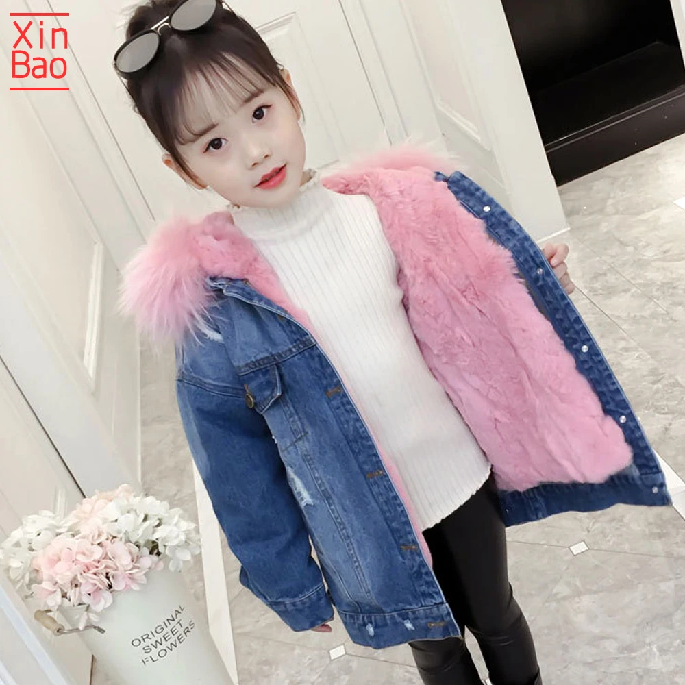 XINBAO/теплый жакет с капюшоном на меху для девочек; детские джинсовые пальто; хлопковые флисовые джинсы; детские парки; Верхняя одежда; плотные детские зимние костюмы