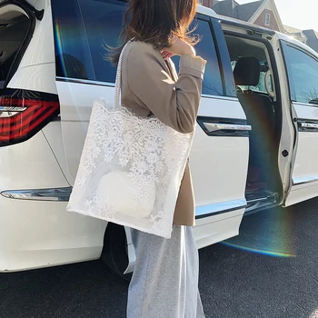 

2pcs/set Nylon Women Lace Handbags Ladies Fashion Tote Purse Beach Shoulder Bag Female Classic Elegant Shoulder Handbags