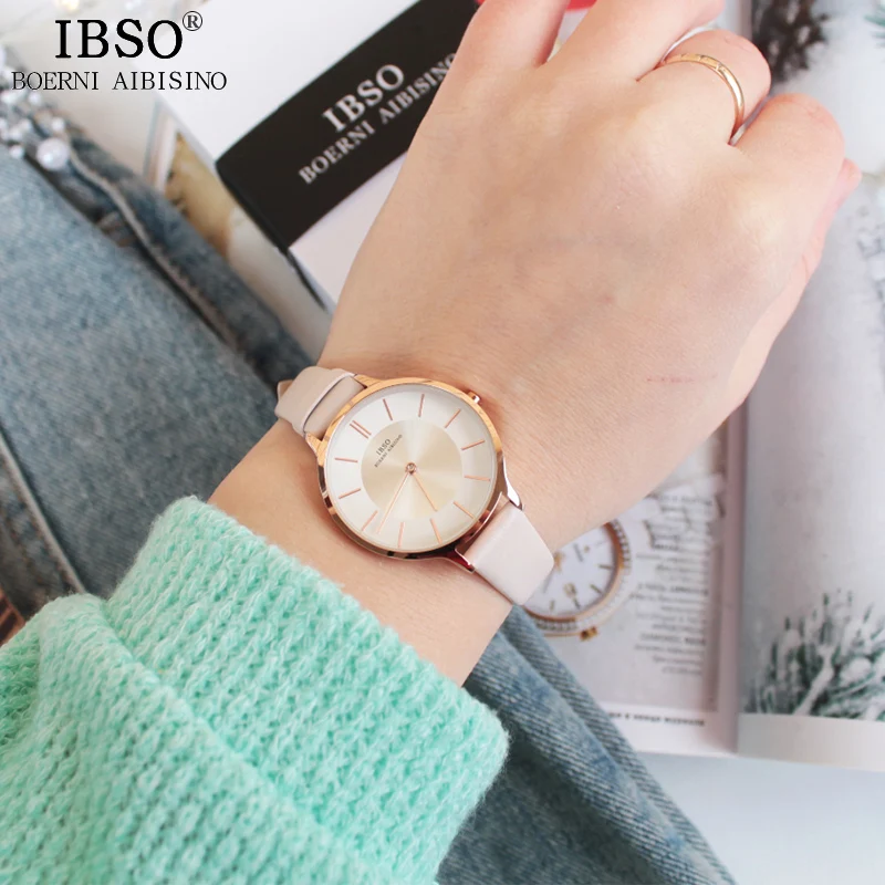IBSO Brand 8 MM Ultra-Thin Quartz Watch Women Genuine Leather Women Watches 2019 Luxury Ladies Watch Montre Femme