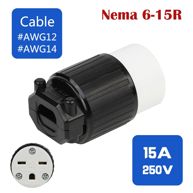 NEMA 6-15R 15A/250 В саморегулирующийся разъем, американский стандарт промышленный гнездовой разъем, Американский промышленный саморегулирующийся разъем