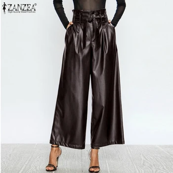 

2020 Spring Wide Leg Trousers ZANZEA Fashion Solid PU Leather Pants Women Casual High Waist OL Work Ruffles Pantalon Streetwear