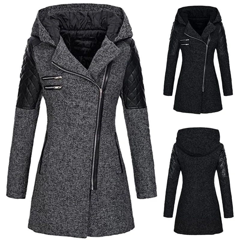 Шерстяное пальто для женщин, модное осенне-зимнее теплое приталенное пальто, куртка, толстая парка с капюшоном, с длинными рукавами, на молнии, шерстяная верхняя одежда 5