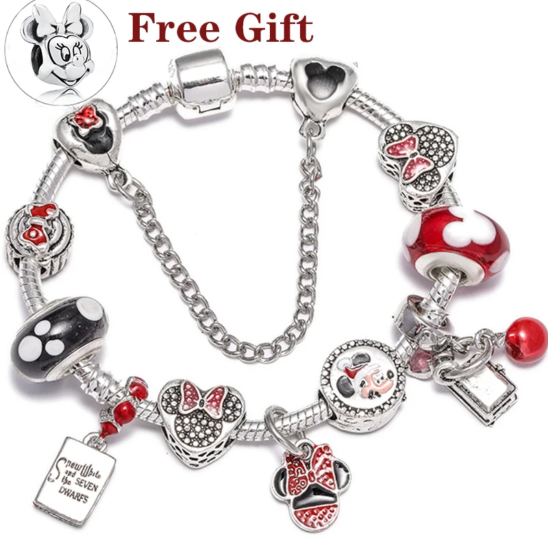 Crystal Mickey Beads Silver Color Dangles Charm Bracelet Bangles For Women Children With Red Crystal Fine Bracelet Jewelry Gift|bracelets for|bracelet for childrencharm bracelet - AliExpress