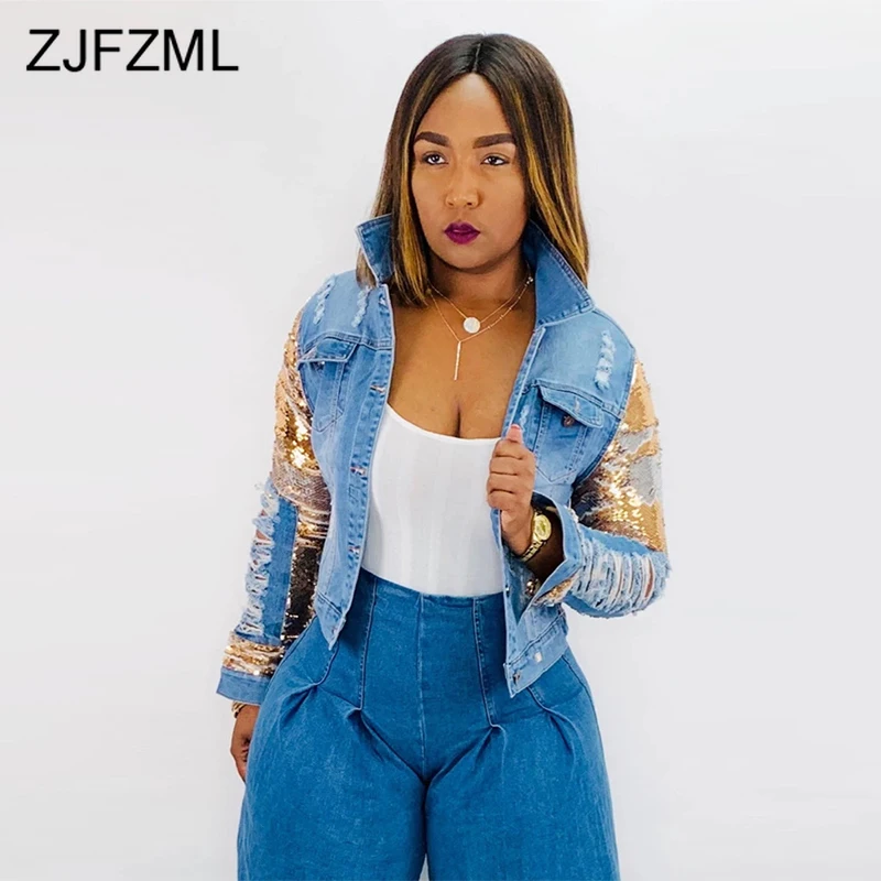 discount  Gold Sequined Casual Denim Jacket 2019 Women Turn Down Collar Long Sleeve Washes Coat Autumn Winter
