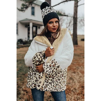 

2020 New Women Autumn/Winter Thick Coats Fashion Lapel Plush Leopard Printed Warm Jacket Tops Female Long Sleeve Patchwork Tops