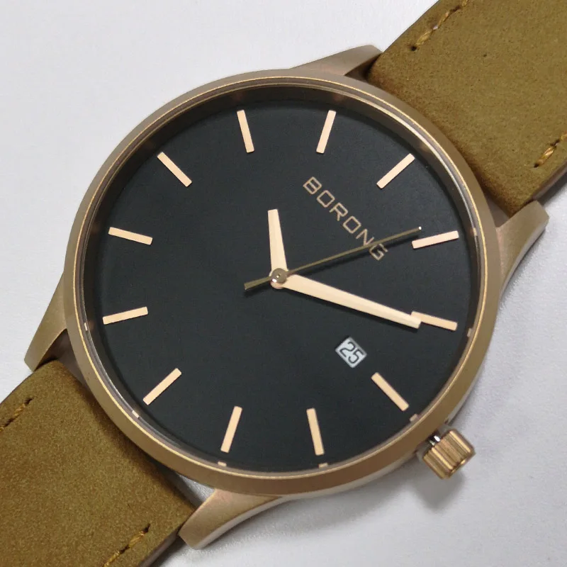 BORONG Men's Fashion Swiss Quartz Watch Calender Waterproof Male Clock Business Casual Black Wristwatch Big Sale Free