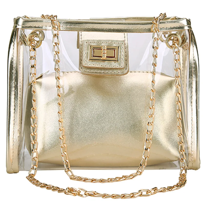 

ABZC-New Transparent Wallet 2 In 1 Handbag Transparent Bag Handbag Gold Chain Pvc Shoulder Bag