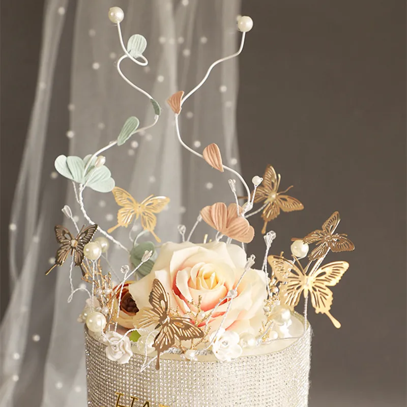 

Wedding Cake Crown Topper Cake Decoration Ornate Wrought Iron Butterfly Wreath Ornaments Pearl Crystal Crown Birthday Dress Up