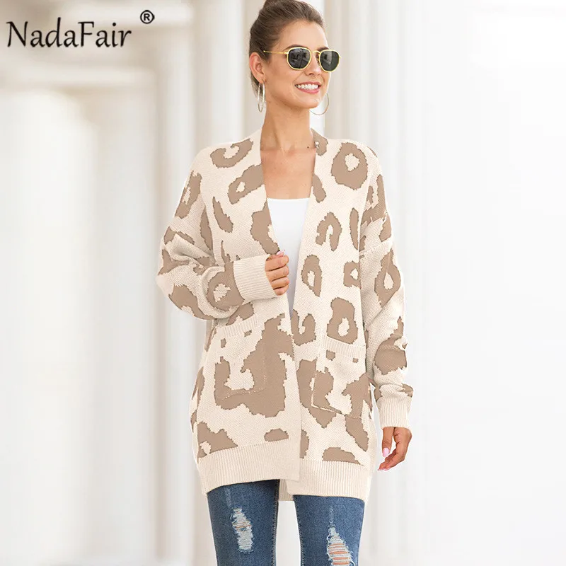 Light Khaki Nadafair, Повседневный, Леопардовый, длинный кардиган для женщин,, осень, зима, размера плюс, длинный рукав, вязанный кардиган, свитер для женщин, трикотаж - Цвет: Light Khaki