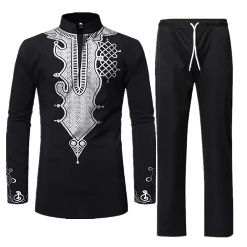 

Men Sets Traditional African Africa Clothing Cotton Black Dashiki Bazin Riche Print Top Shirt Pants Embroidery Mens Suit Outfits