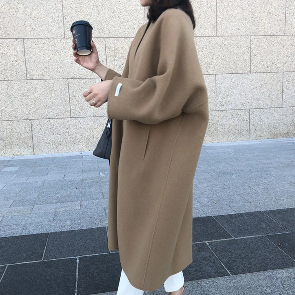 minimalist korean oversized long coat women winter wool blend overcoat streetwear elegant female jacket