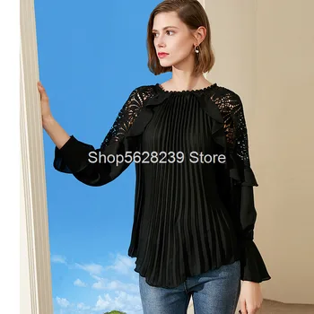 

Super Design Feeling 2020 Season Pleats Dovetail Shirt Off Shoulder Small Sexy Light Cooked Female Long Sleeve Shirt