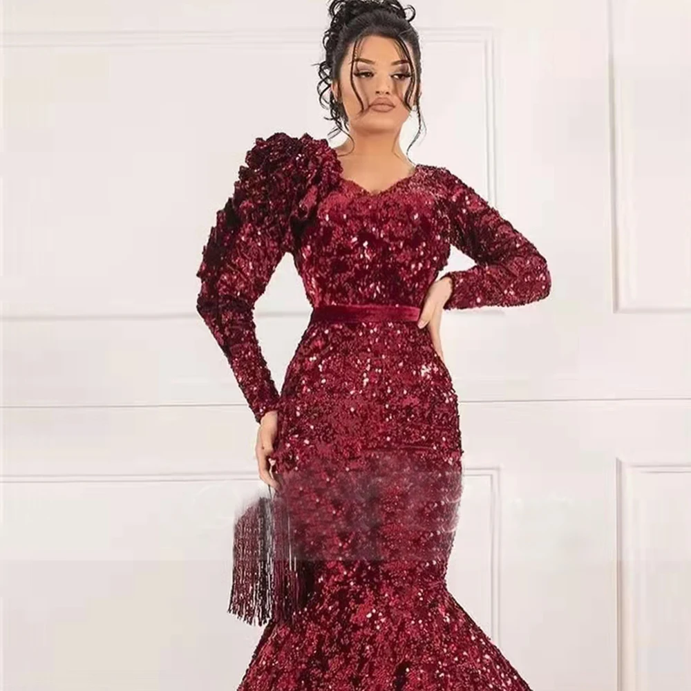 Arabic Dubai Burgundy Sequins Mermaid Evening Dress V Neck Full Sleeves Prom Gown Middle East robes de soirée فساتين السهرة плат