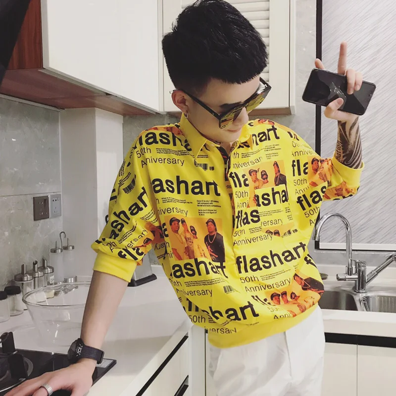 

2019 New Three-quarter Sleeve Shirt Male Korean Version Heart Machine Shirt Design Sense Printing Leisure Pullover Clothes 30CS