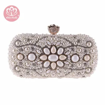 

Chi Belle big shining crystal rhinestone evening clutch bag white pearl luxury design diamond embroidery party wedding handbag