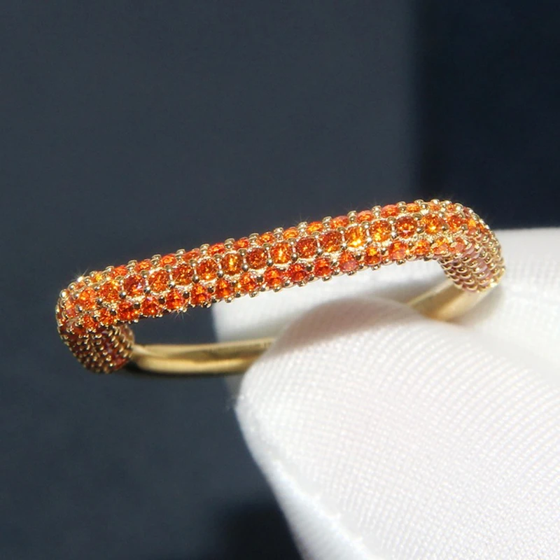 【MeibaPJ】 S925 Sterling Silver Yellow Gold Color Orange and Rose red Zircon Square Geometric Tail Ring Fashion Jewelry for Women |