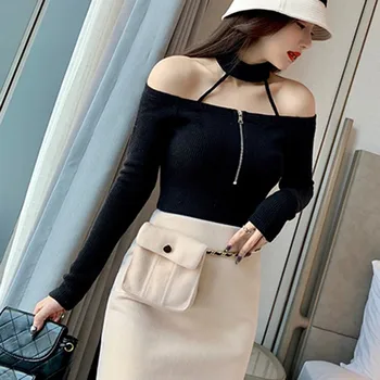 

Sexy T Shirt Women Slash Neck Halter Strapless Top Zipper Slim Long-sleeved Solid Color Knitted Tshirt Tops