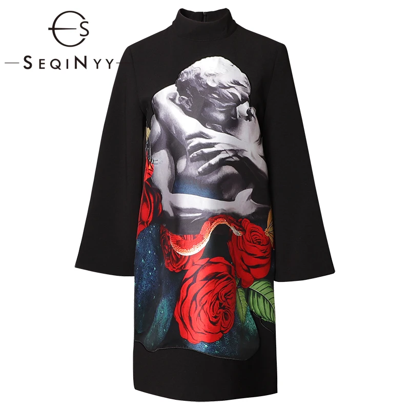 

SEQINYY Black Dress 2020 Summer Spring New Fashion Design Flare Sleeve Statue Rose Printed Mini Straight Dress