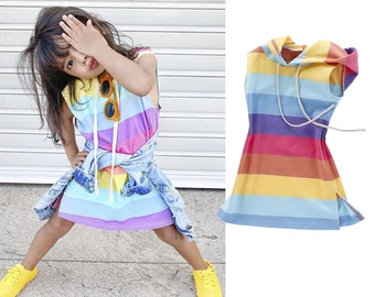 

1-7Y Toddler Baby Kid Girls Rainbow Dress Casual Hooded Children Girls Summer Dress Sleveeless