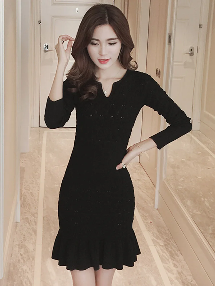 

Office Dress Autumn Winter Thick Long Slim Bag Hip Pullover Knit Sweater Ruffle Fashion Woman Elastic Dresses White Runway