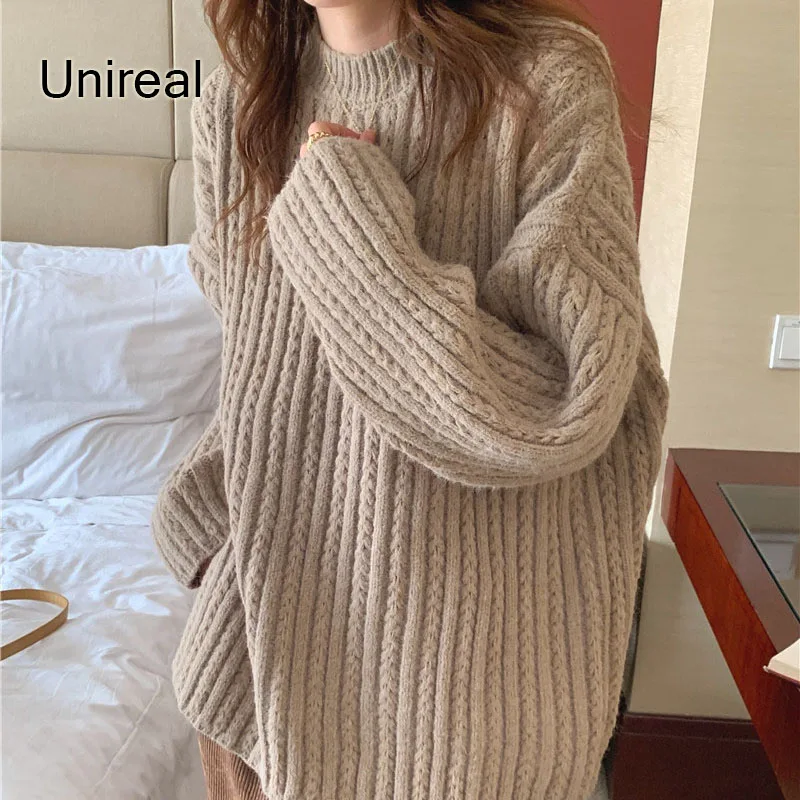 

Unireal 2022 Winter Women Pullover Sweater Loose Vintage Causual Thick Female Warm Knitted Jumper
