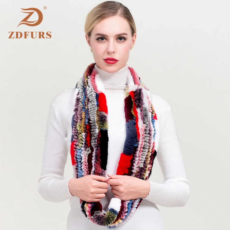 ZDFURS * Women Infinity fur scarf Circle long rabbit fur scarf winter warm street fashion rex rabbi