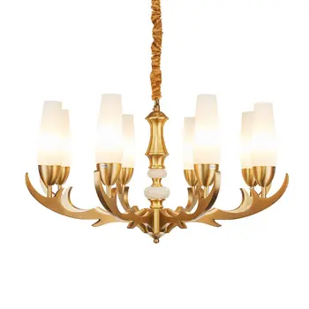 

American Retro Copper Pendant Lights Luxury Classic Hotel Lobby Villa Bedroom Hanging Lamp Simple Antlers Brass E14 LED Lamp