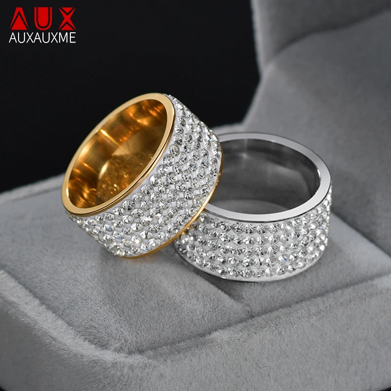 Auxauxme 5 Row Lines Clear White Stones Wedding Rings For Women Fashion Zircon Stainless Steel Female Teen Jewelry 3