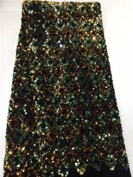 

(5yards/pc) high quality gradient gold green African sequins lace French net lace fabric for bling bling party dress FZ109