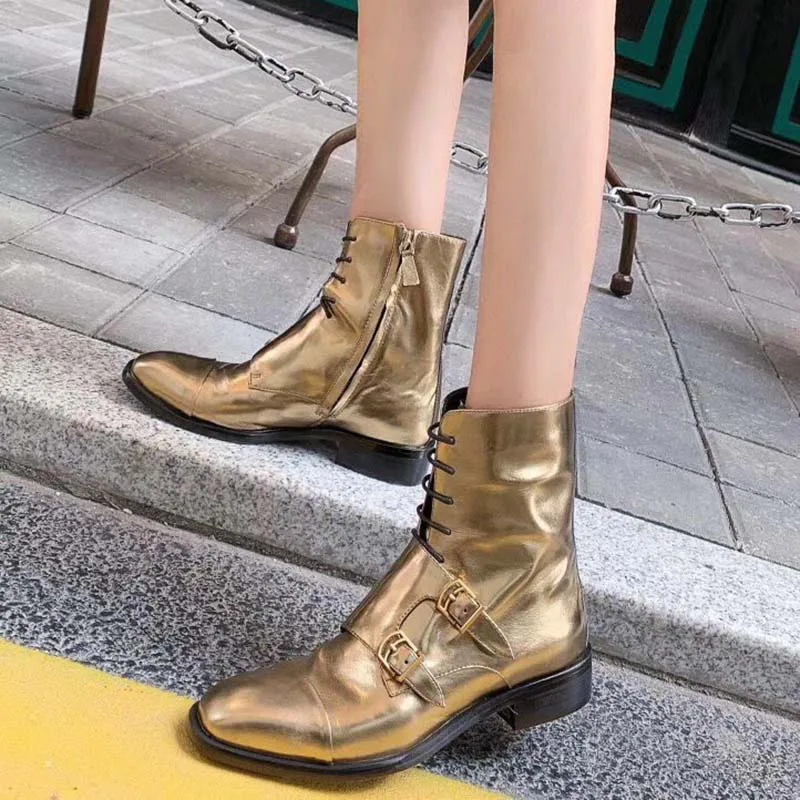 Г., золотистые кожаные ботильоны женская обувь на плоской подошве с квадратным носком и двойной пряжкой на шнуровке женские модные военные ботинки zapatos de mujer